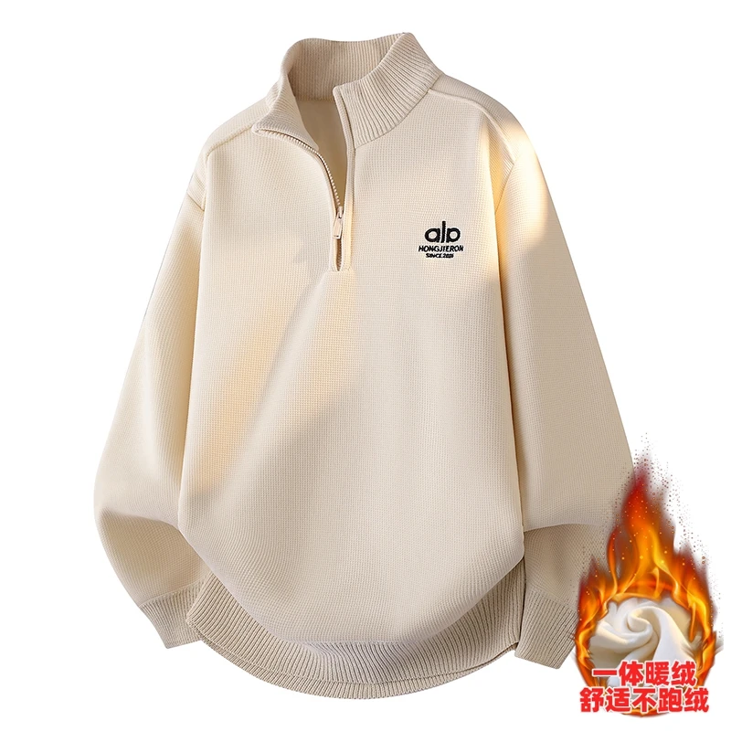 Half Zip Fleece Hoodie for Men in Winter 2025 New Embroidered Thick Knit Sweater One-piece Fleece Warm Base Sweater
